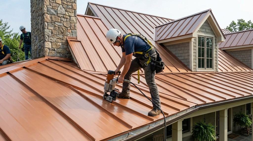 A1 Boerne roofer on a standing seam metal roof job site in Kendall County