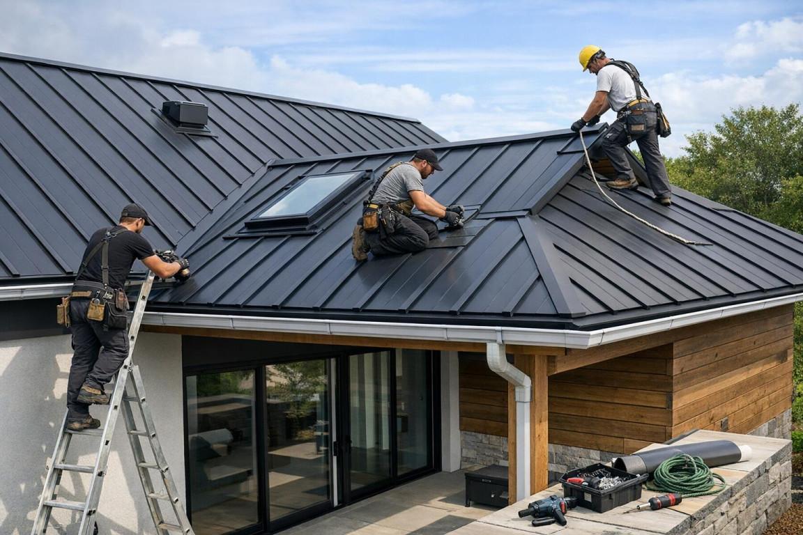 A1 Boerne roofers working on a metal roof in Fair Oaks Ranch