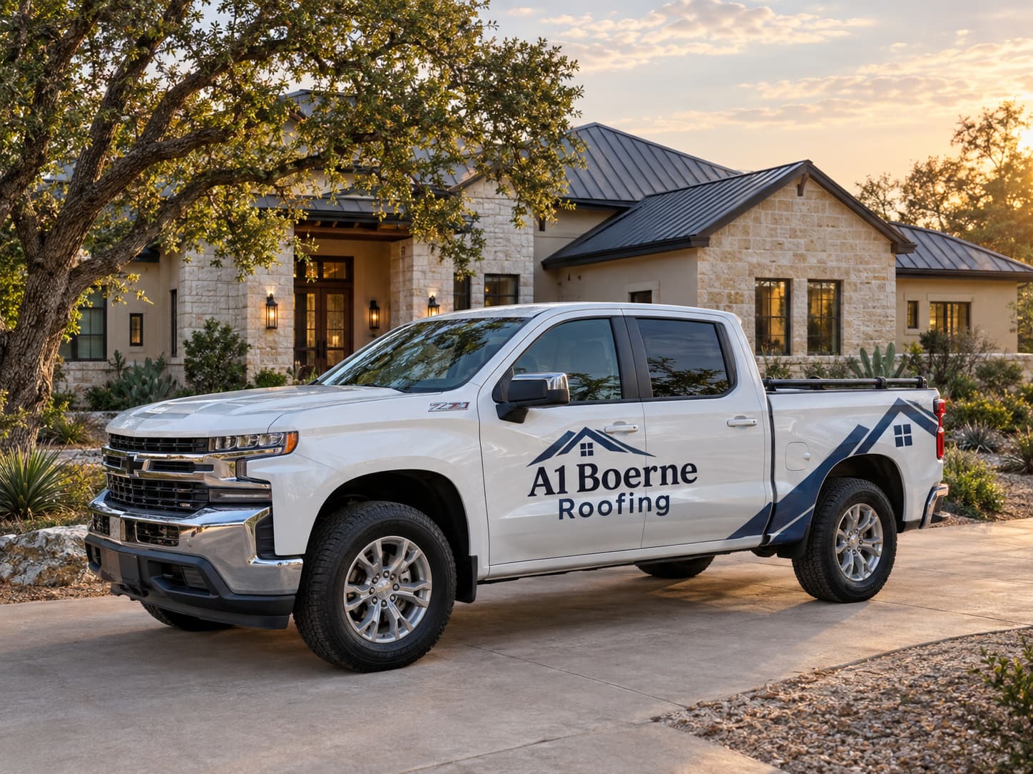A1 Boerne Roofing branded truck parked in front of a Hill Country home