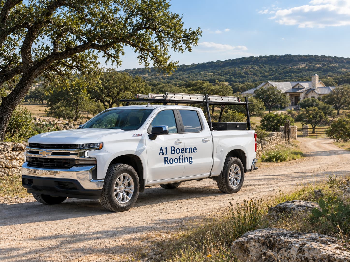 A1 Boerne Roofing truck on a Hill Country ranch road