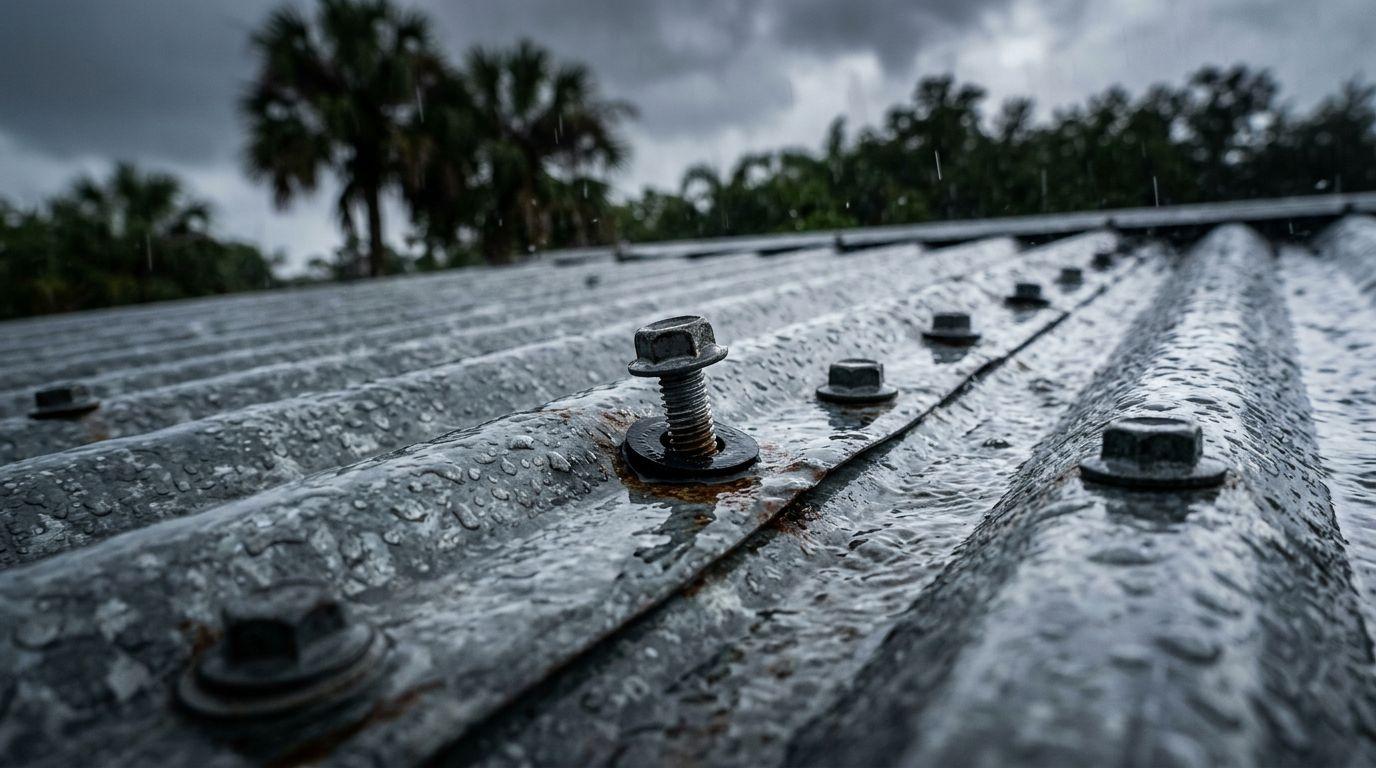 Backed-out fasteners and hail dents on a Bandera barn roof