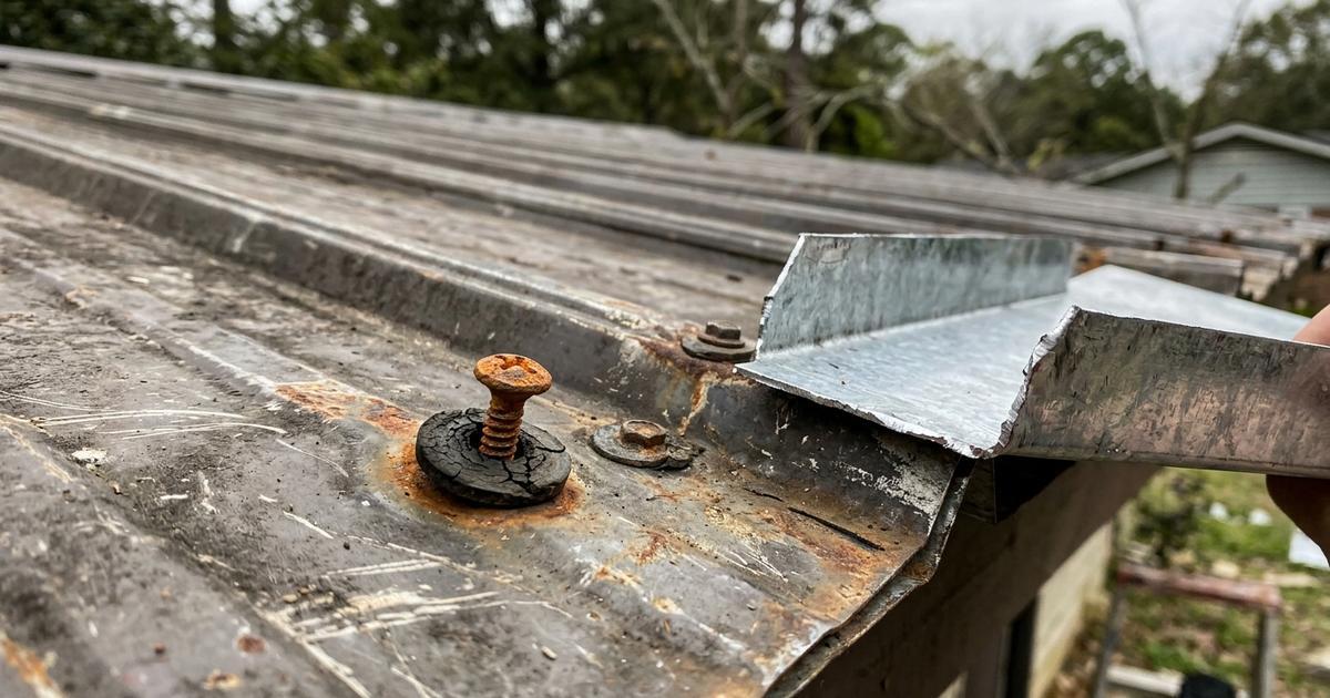 Backed-out screws and failed washers on an exposed-fastener metal roof in Kendall County