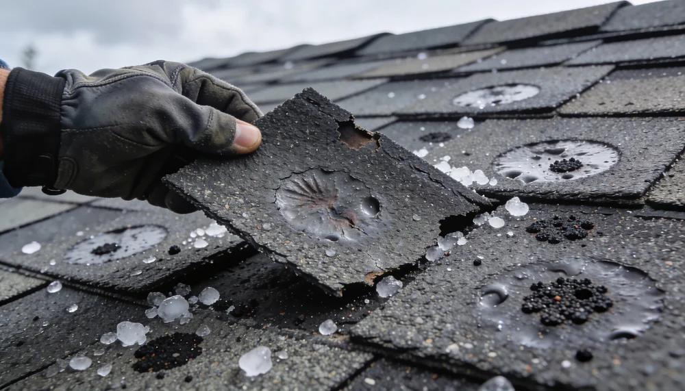 Close-up of hail impact marks on a shingle roof in Boerne after a Hill Country storm