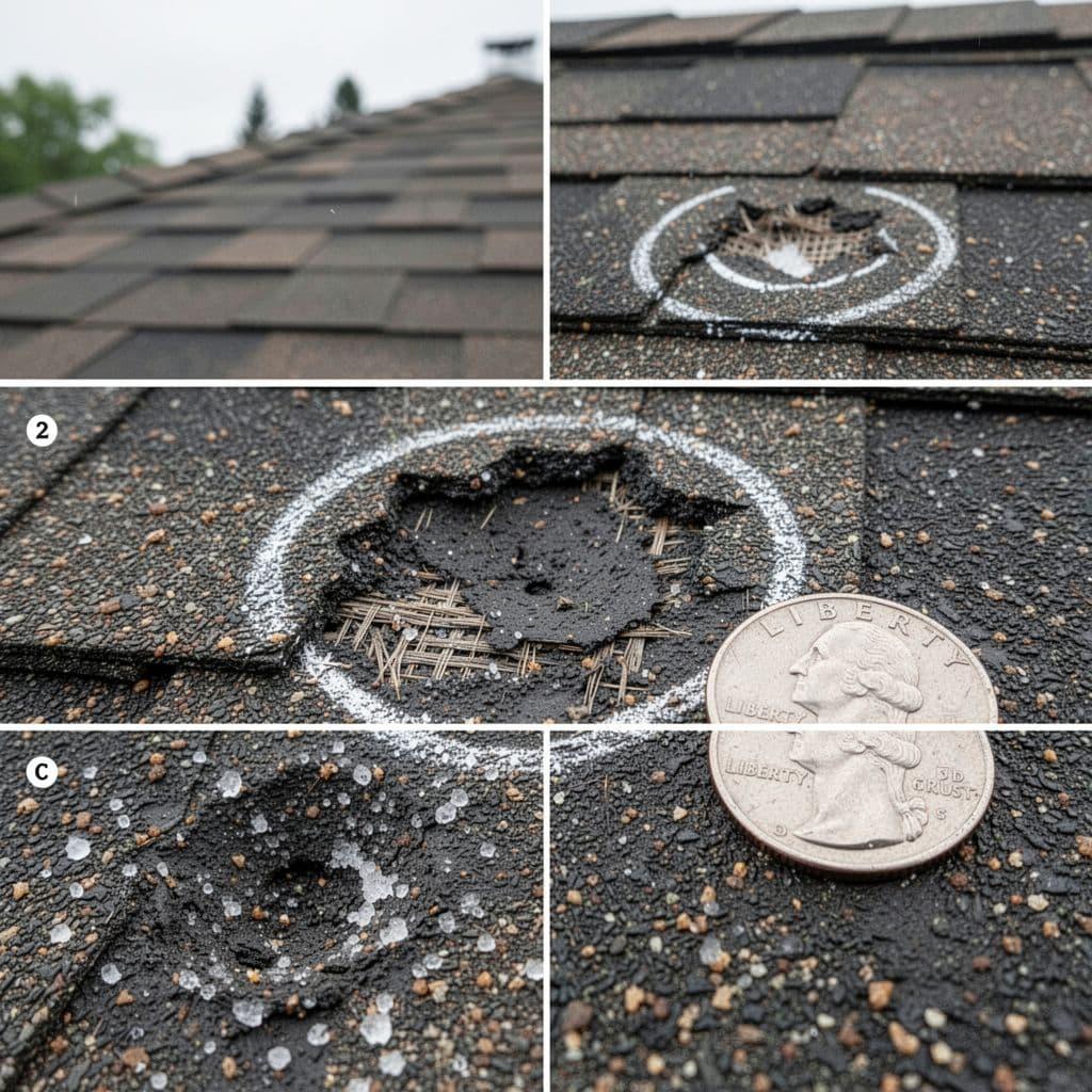 Hail bruises and granule loss on an asphalt shingle after a Hill Country storm