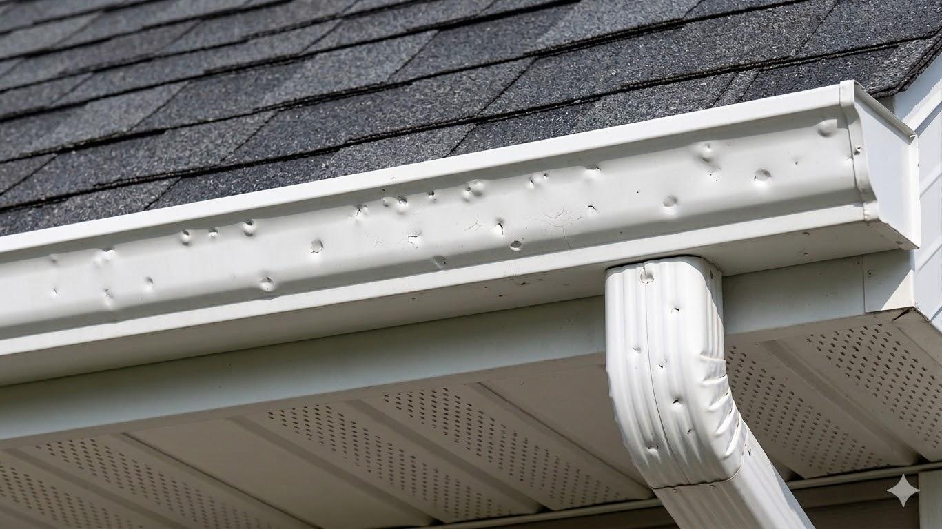 Hail-dented gutter and bruised shingles on a Leon Springs home