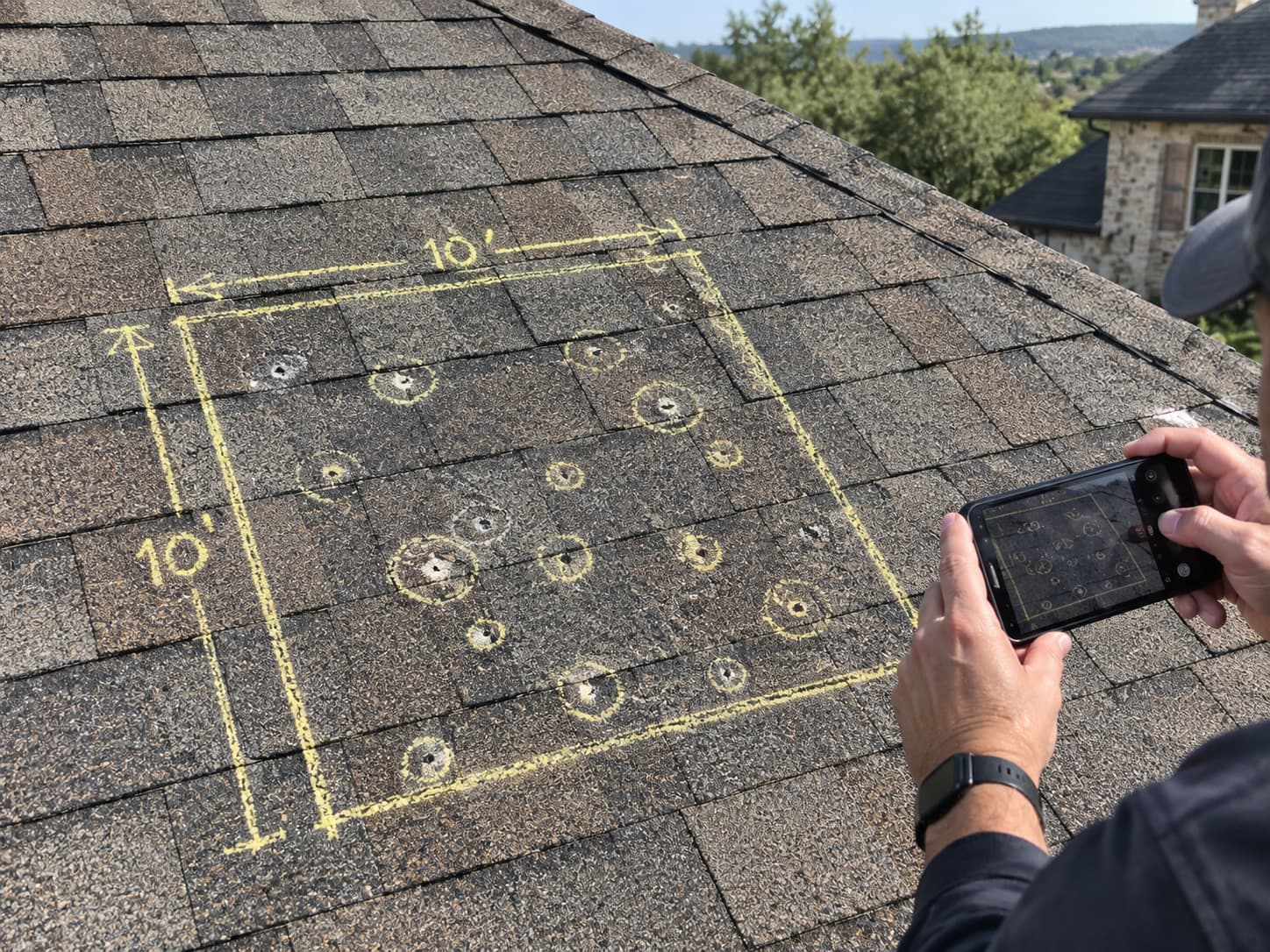 Chalk-marked hail test square and documentation photos on a Boerne shingle roof