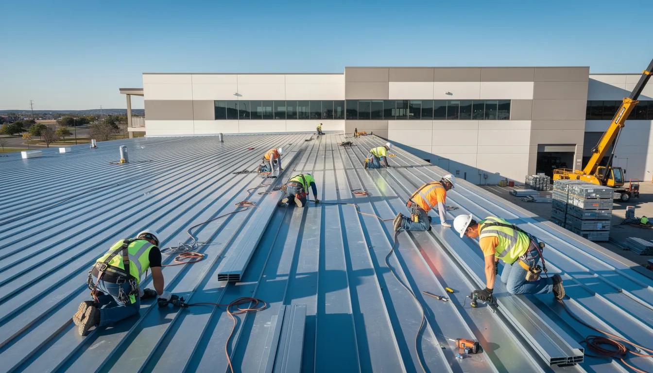 A1 Boerne crew installing a standing seam metal roof on a commercial building along I-10 in Boerne