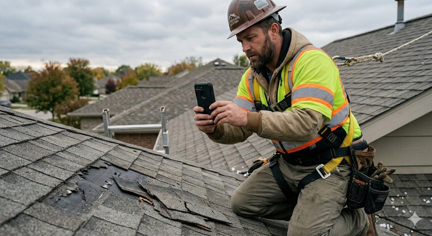 A1 Boerne inspector photographing flashing and shingles on a Hill Country roof