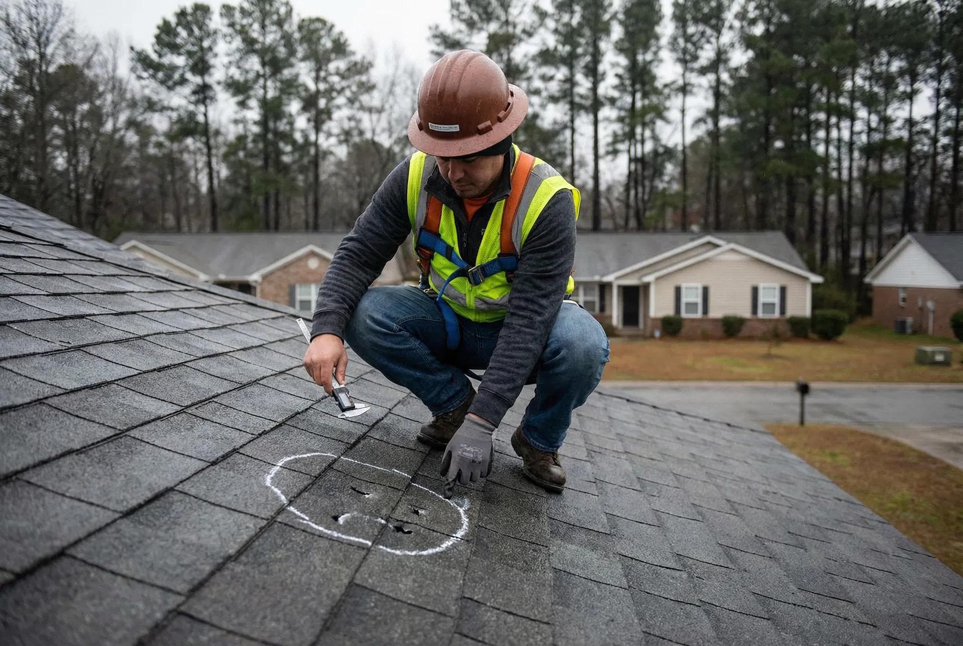 A1 Boerne roofer marking hail impacts with chalk on a shingle roof in Fair Oaks Ranch