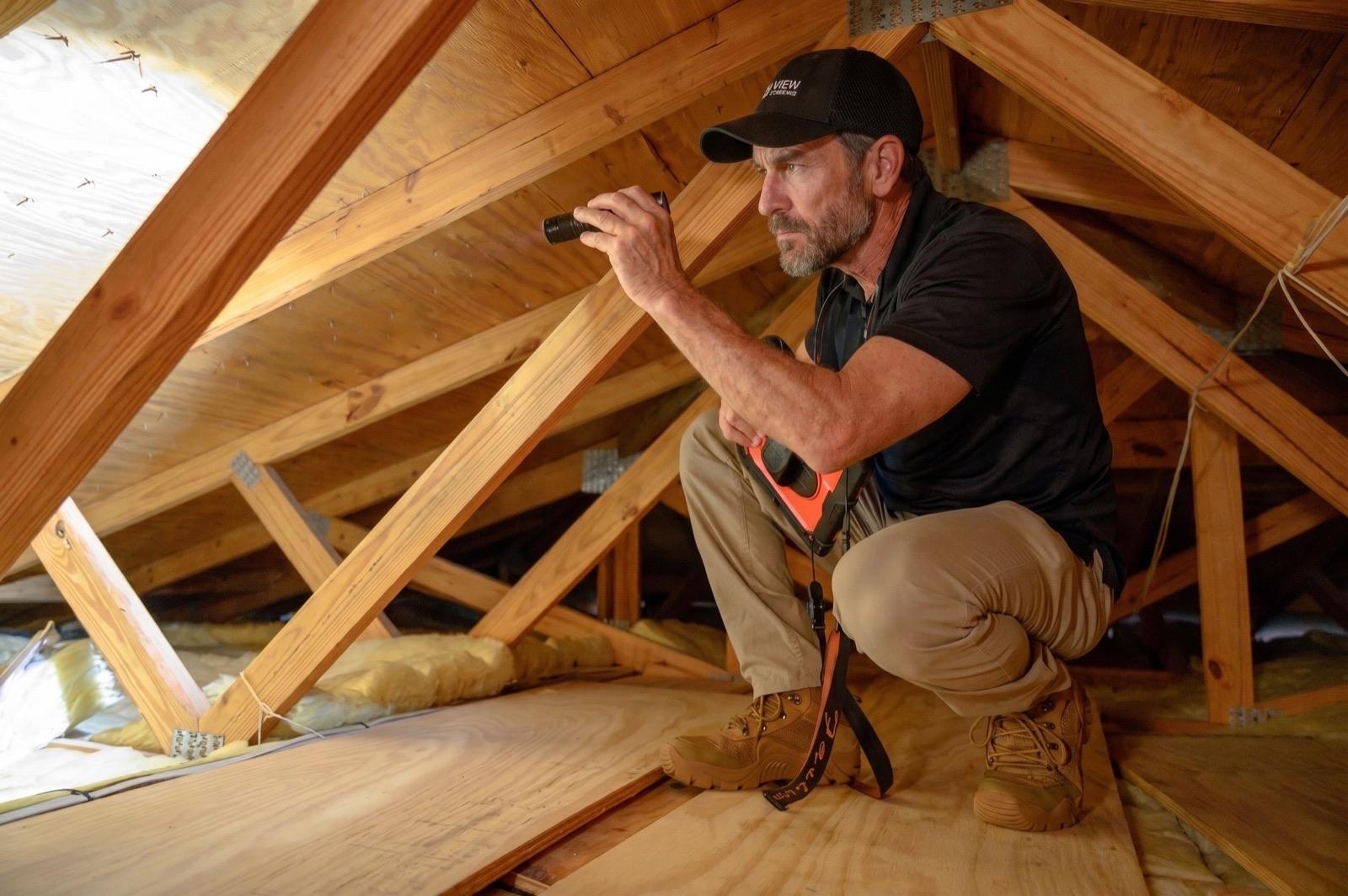 A1 Boerne roofer tracing a water trail along rafters in a Hill Country home attic
