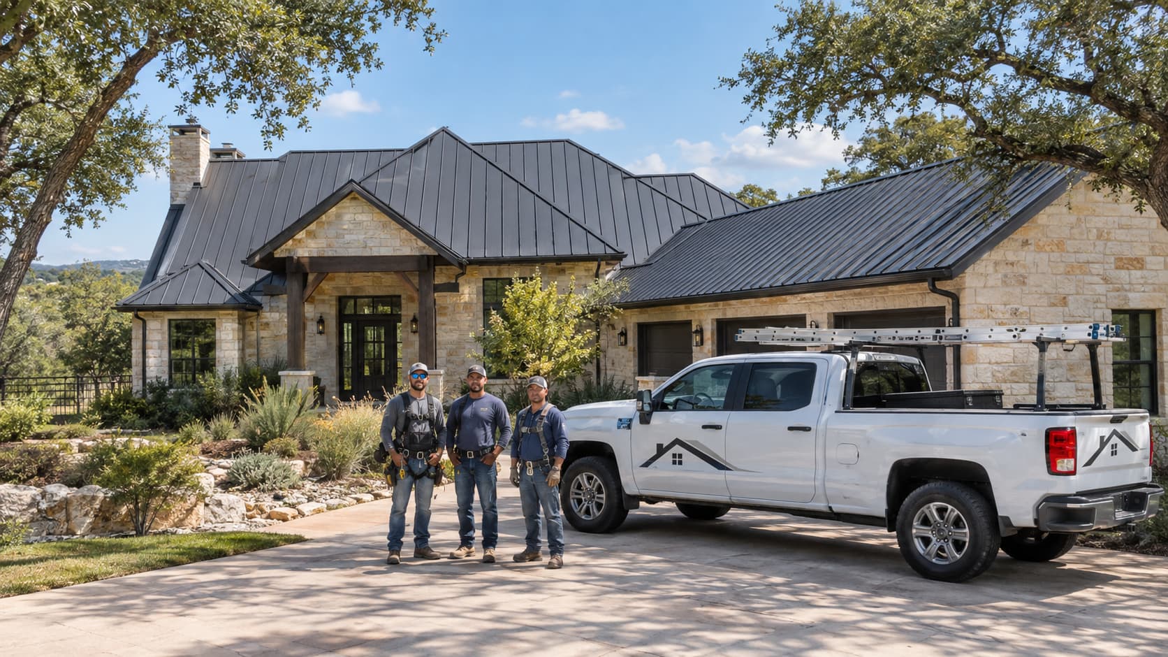 A1 Boerne Roofing crew and branded truck in front of a completed metal roof in Boerne