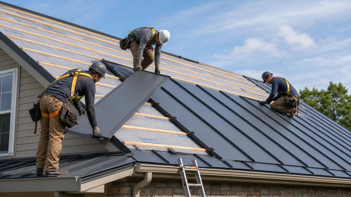 A1 Boerne Roofing crew installing a standing seam metal roof on a limestone Hill Country home