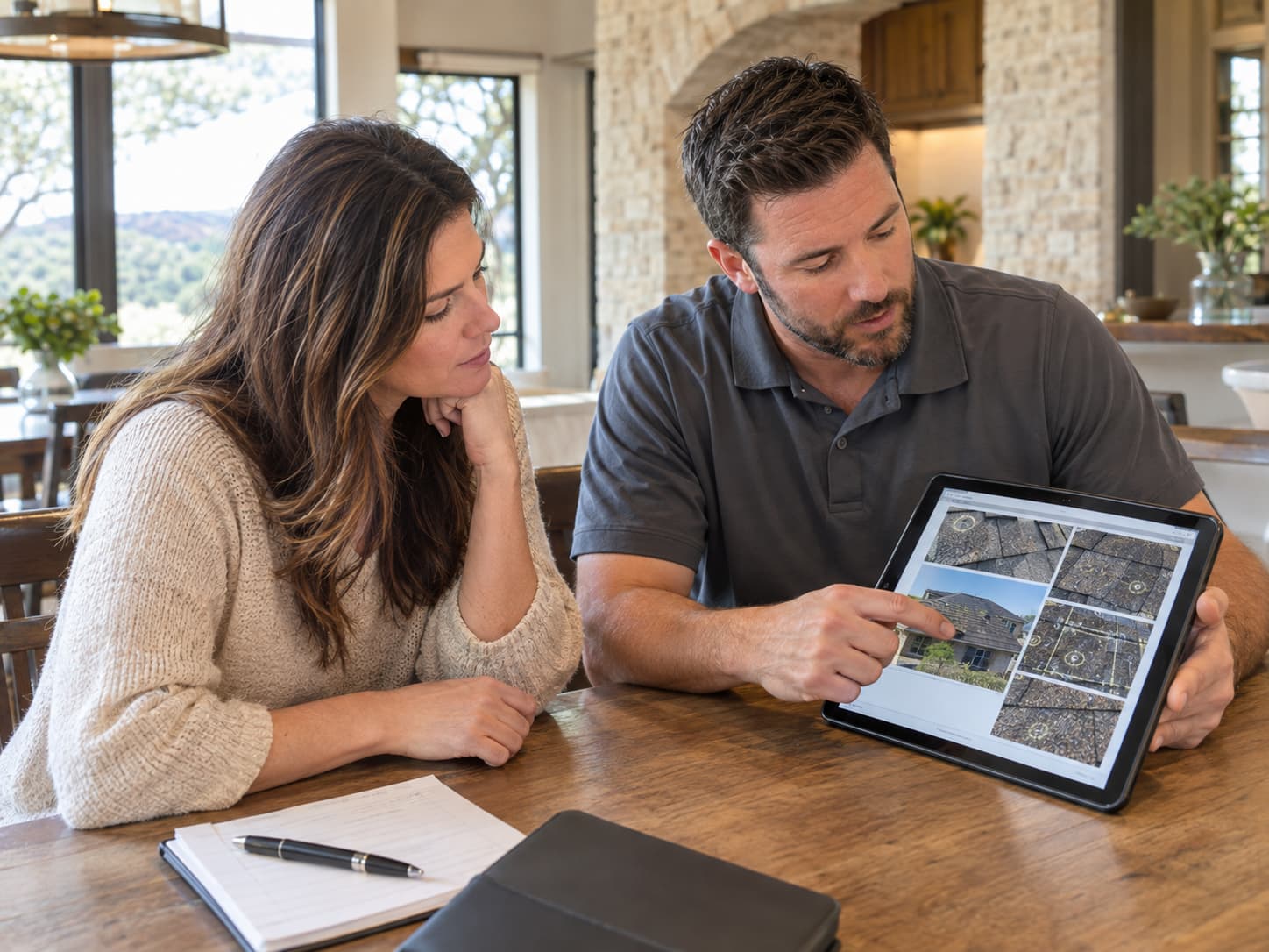 Homeowner reviewing photo inspection report with a A1 Boerne Roofing inspector at the kitchen table