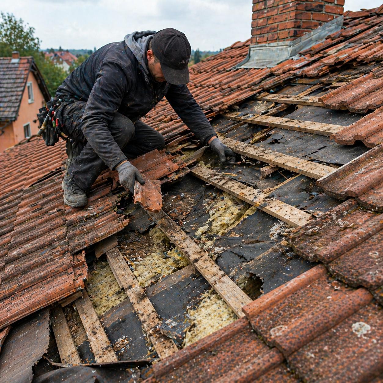 Roofer lifting clay tiles to replace failed underlayment on a Boerne-area home