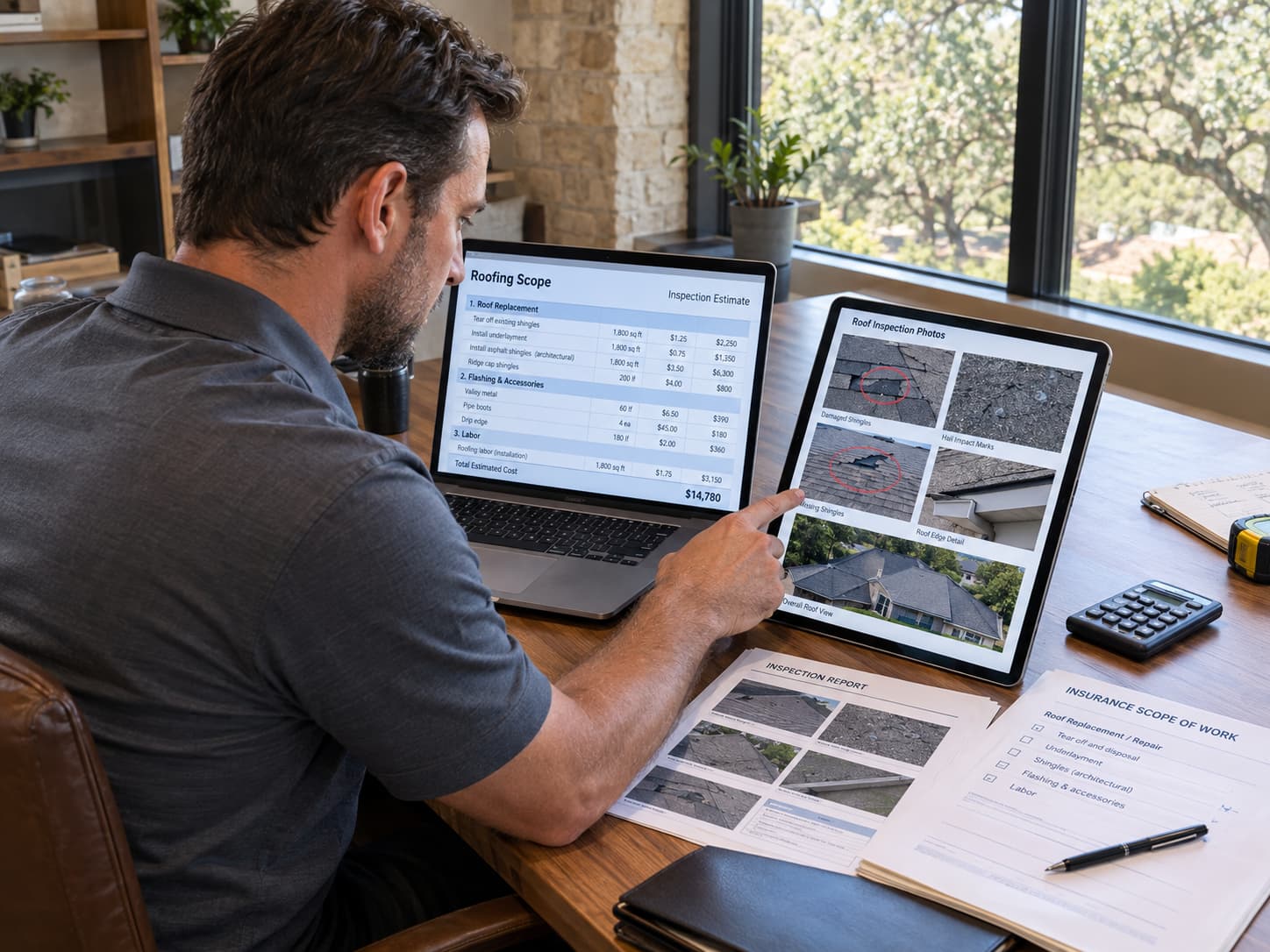 A1 Boerne Roofing estimator comparing an insurance scope of work against inspection photos