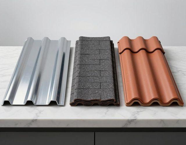 Standing seam metal, Class 4 shingle and clay tile samples on a Boerne patio table