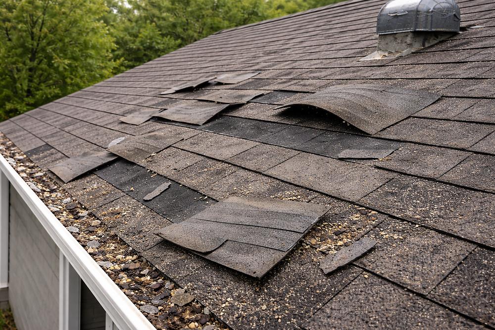 Wind-creased shingles and granule loss on an aging roof in Fair Oaks Ranch